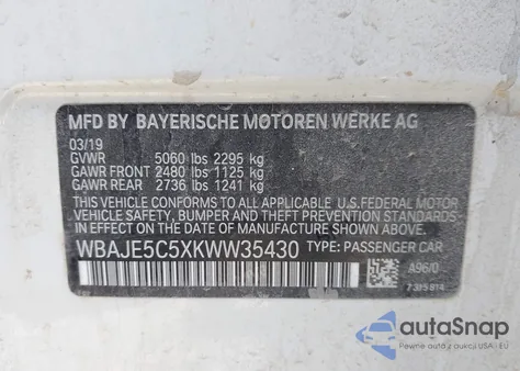 2019 BMW 540I из США, поврежденный, VIN WBAJE5C5XKWW35430